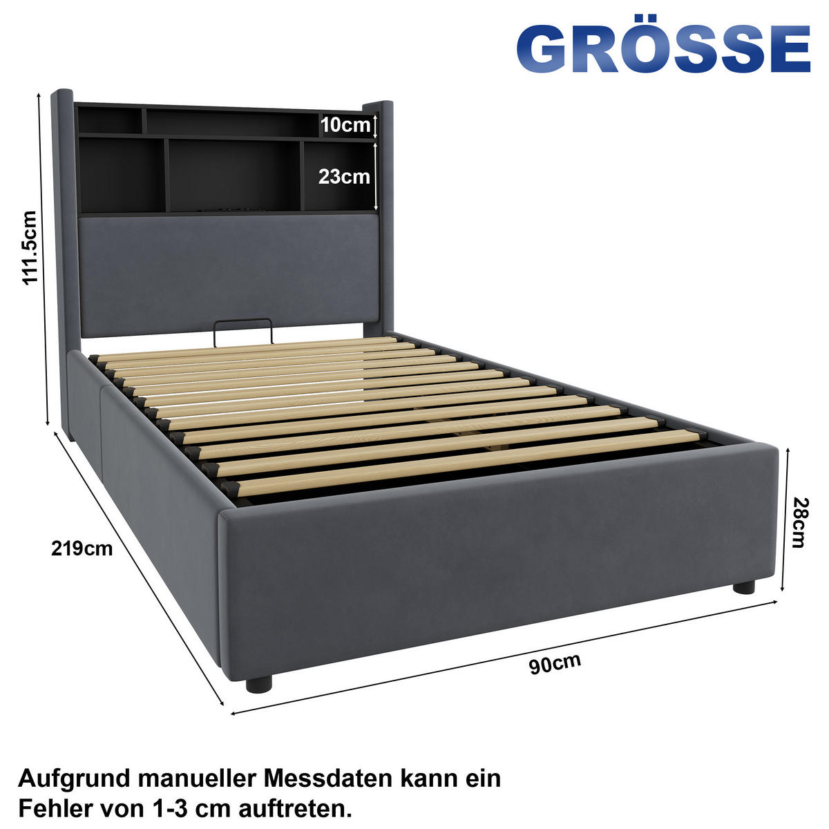 POLSTERBETT 90/200 cm Dunkelgrau Samt mit LED & USB – Hydraulik - Dunkelgrau, Textil (90/200cm) - Flora Grace