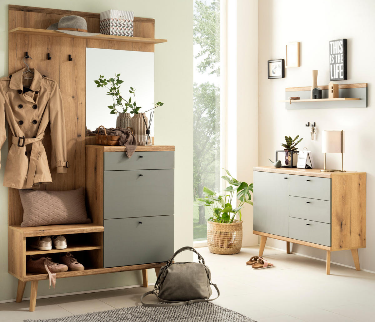 GARDEROBEN-SET 3-teilig Evoke Eiche, Salbei, Garderobenkombination skandinavisch 227 x 200 cm - Salbeigrün/Eichefarben, Glas/Holz (237/200/40cm) - Furn.Design