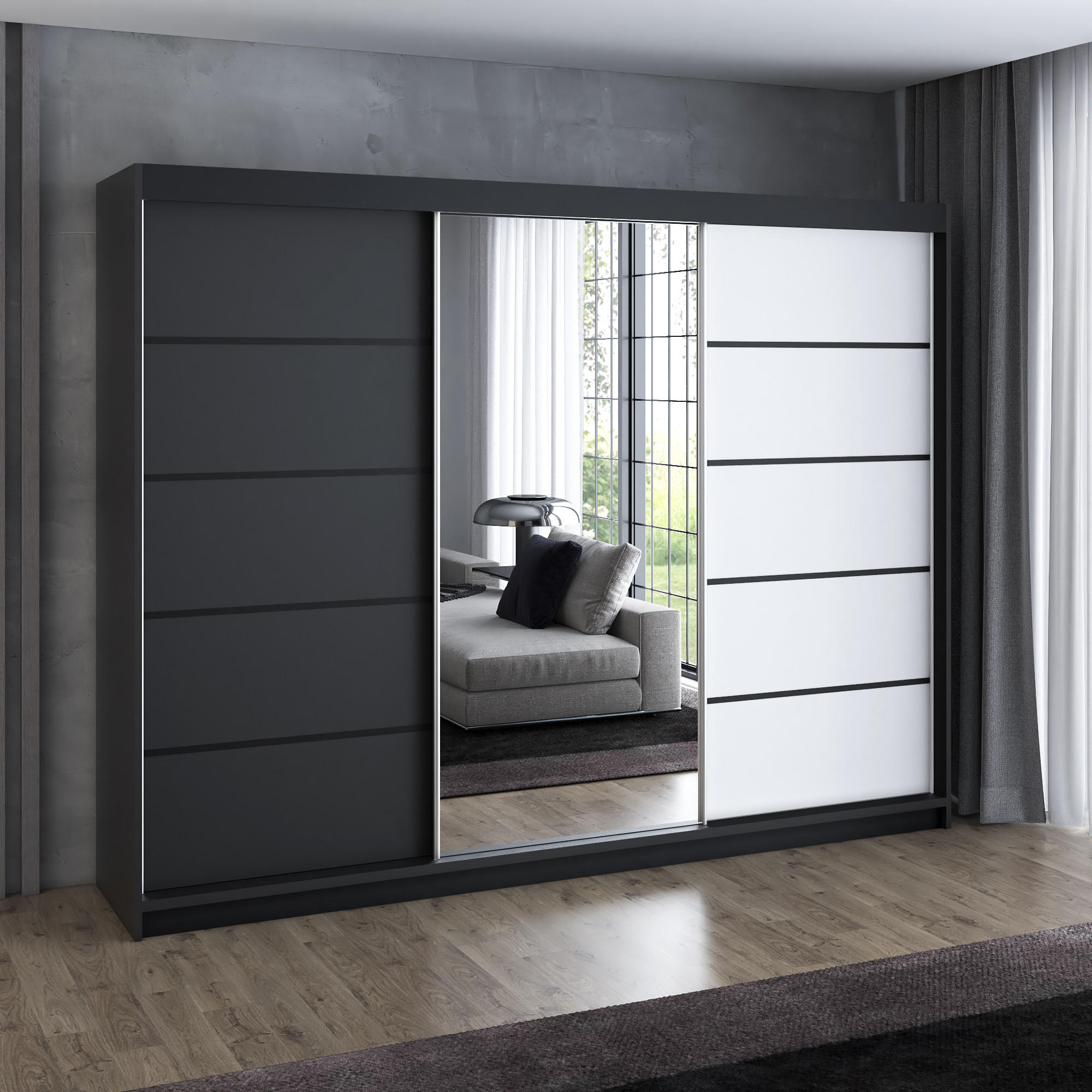 SCHWEBETÜRENSCHRANK 200 cm VILANO 2 Farbe: Schwarz, Schwarz, Weiß - Schwarz/Weiß, Holzwerkstoff (200/215/59.5cm) - A&J MöbelLand