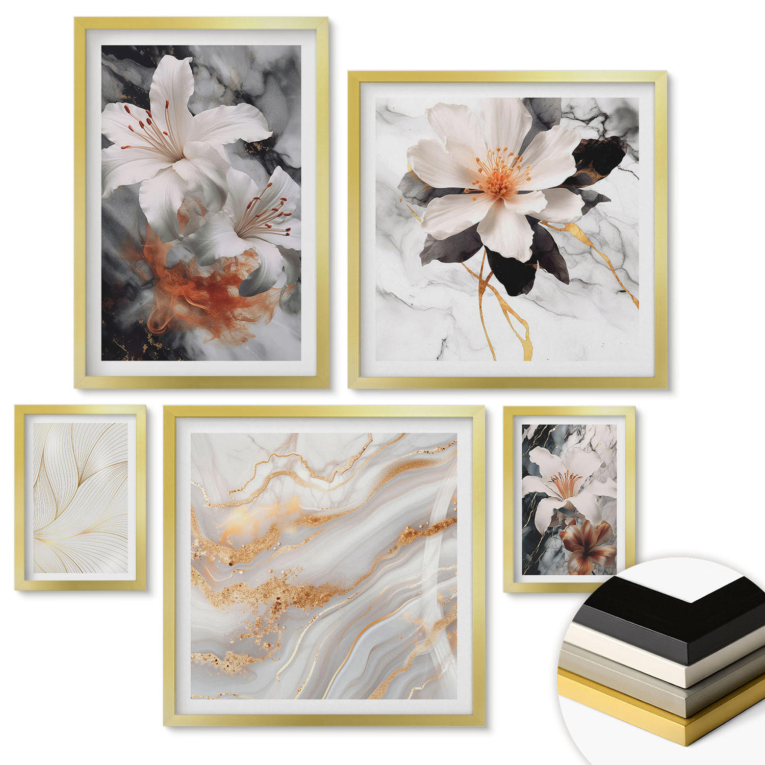 WANDBILDER 5er Set - 50x50 cm & 20x30 cm & 40x60 cm Goldrahmen - Blumen Marmor weiß schwarz - Goldfarben, Kunststoff (40/60cm) - ArtPrintCave