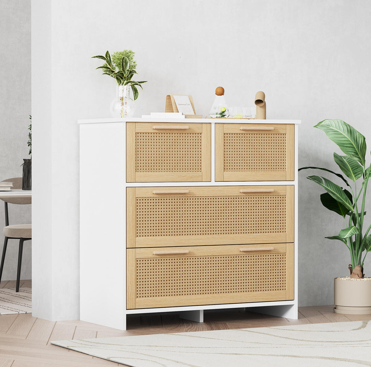 KOMMODE, 4 Schubladen, Rattan-Optik, 80x38x80 cm, NaturxWeiß - Weiß, Holzwerkstoff (38/80/80cm) - Modfu