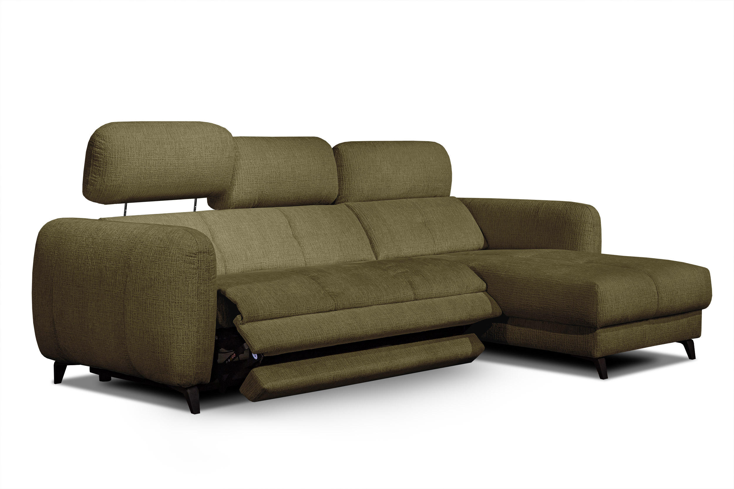ECKSOFA SVEN 3-Sitzer, 1 Relax XL, verstellbare Kopfstützen, olivgrün - Schwarz/Olivgrün, Holzwerkstoff/Textil (256/163cm) - Courtois Laville