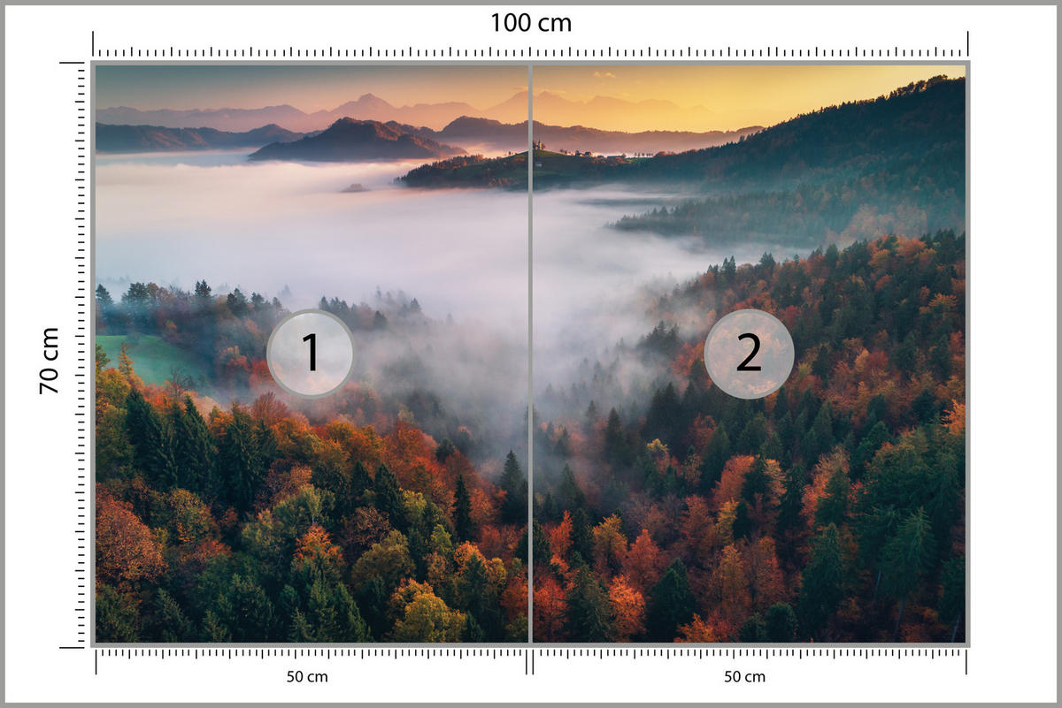 FOTOTAPETE für Wohnzimmer Nebelwald Sonnenuntergang Berge Bäume100x70 - Beige/Rot, Papier (100/70cm) - Muralo