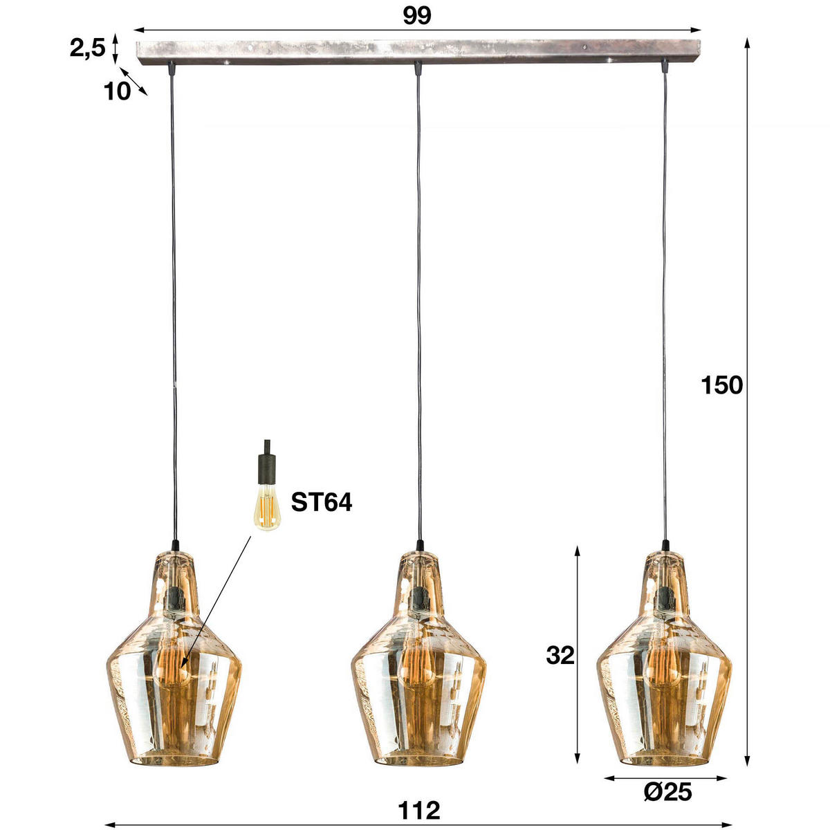 HÄNGELEUCHTE Bernstein Gold 112/25/ 150 cm - Goldfarben, Glas (112/25/150cm) - Hoyz Collection