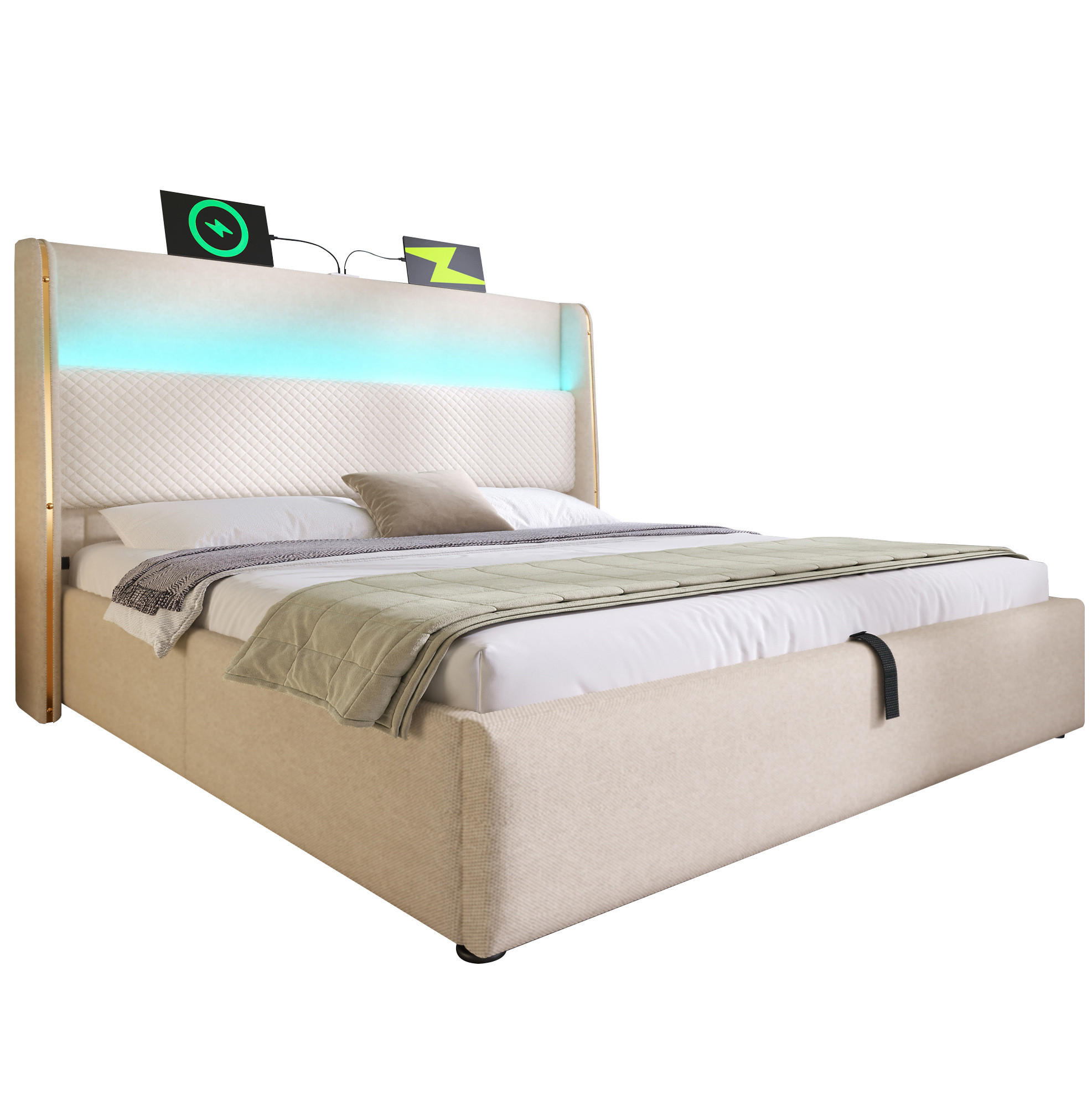 Modfu ČALOUNĚNÁ postel z lnu 140x200 cm béžová s LED osvětlením, USB/Type-C nabíjením a hydraulickým úložným prostorem