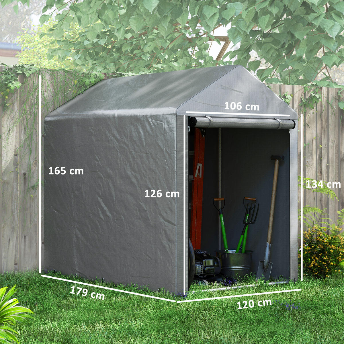 GARTENHAUS 2 Fächer, Tür mit Reißverschluss, wasserdicht, UV-beständig 1,2 x 1,8 x 1,65 m ,hellgrau - Hellgrau, Metall (179/165/120cm) - Vallsero