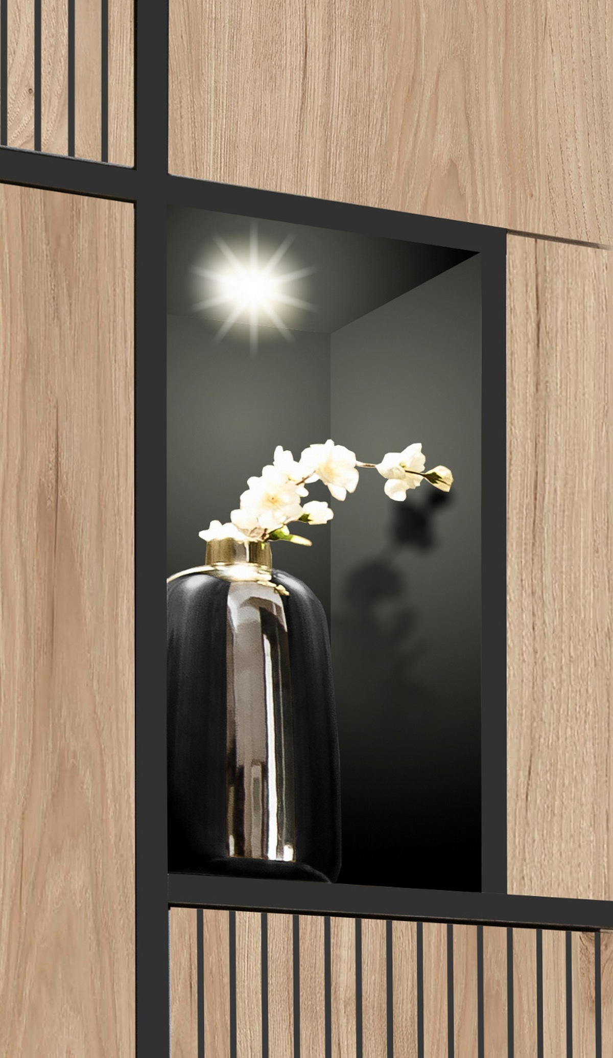 WOHNWAND Eiche Hickory, schwarz 340 cm, Schrankwand mit Kamin, inkl. LED-Beleuchtung - Eichefarben/Schwarz, Glas/Holzwerkstoff (340/197/50cm) - Inn.Furn