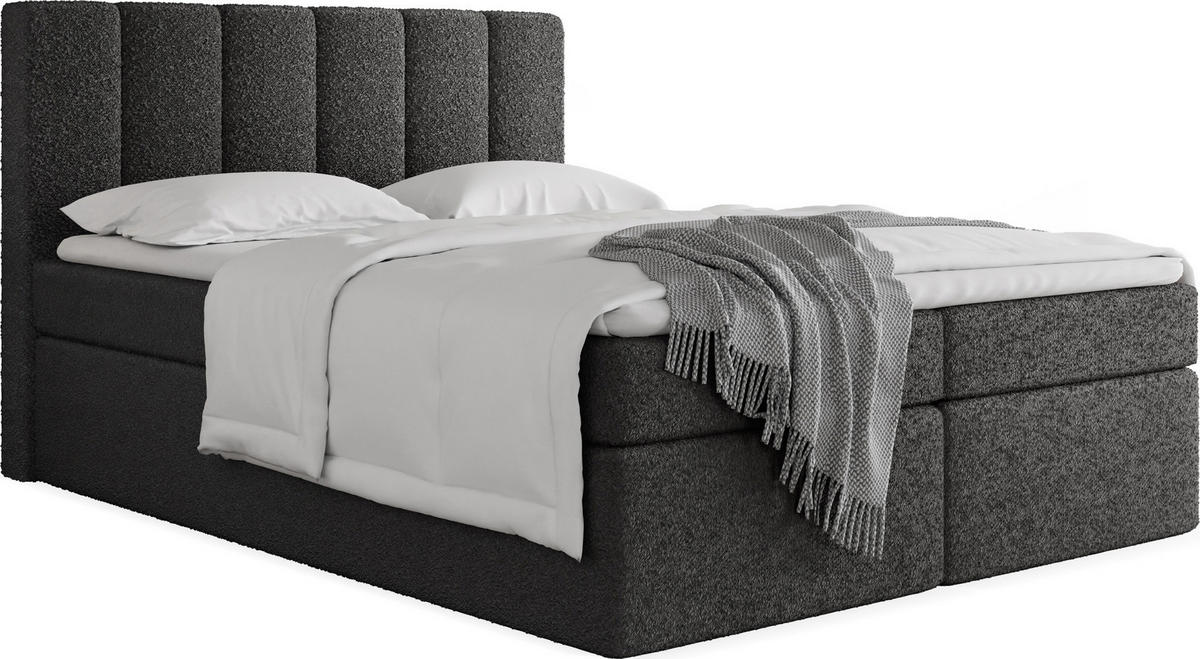 BOXBETT Amira mit Bettkasten, Schwarz Boucle 160x200 cm - inkl. H3 Matratze und H3 Foam Topper - Schwarz, Holzwerkstoff/Kunststoff (160/200cm) - WFL GROUP