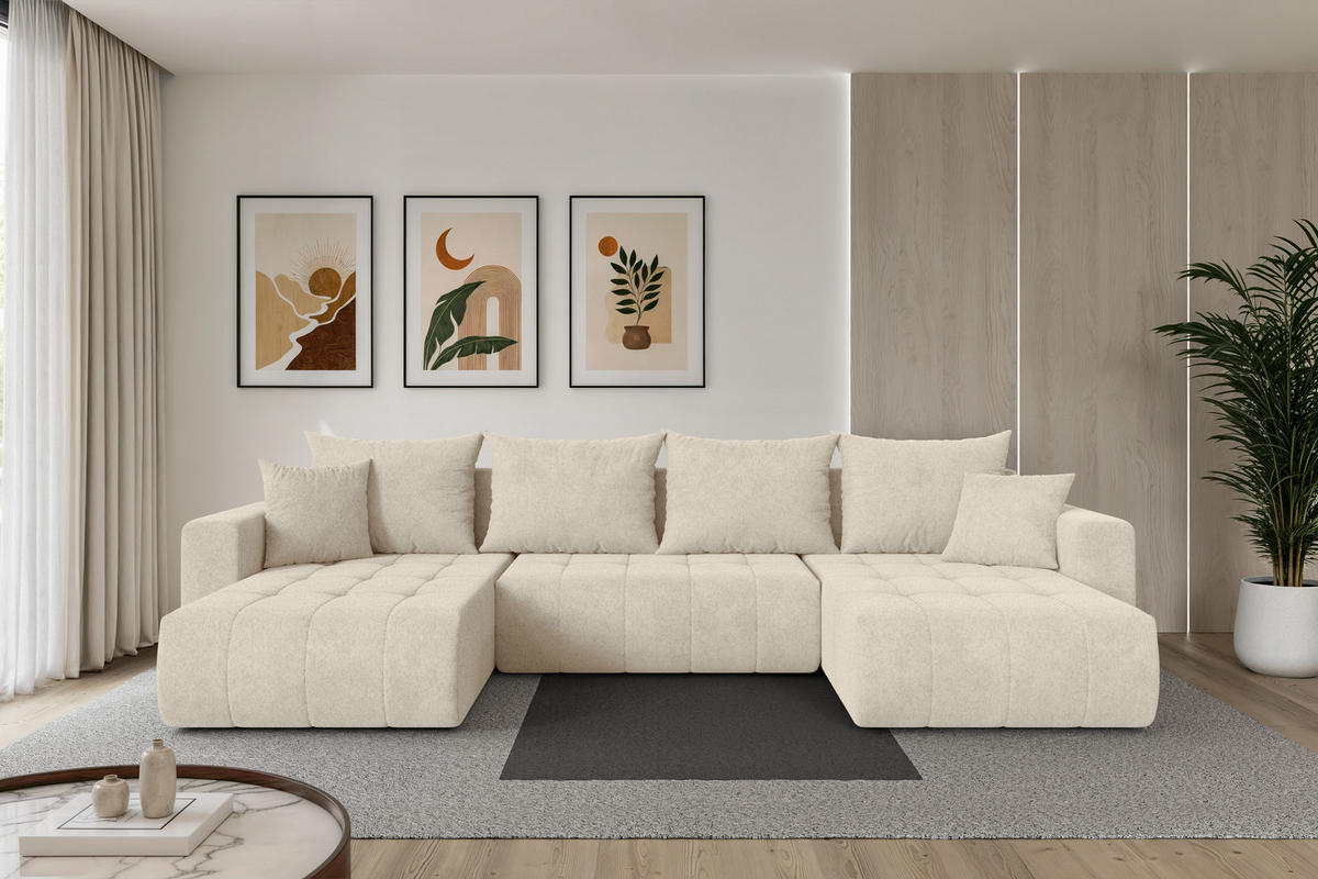 SEDACÍ SOUPRAVA DO U s funkcí spaní a úložným prostorem MILA-U 378x194x86 krémová velur - černá/krémová, kompozitní dřevo/textil (378/86/194cm) - ALTDECOR