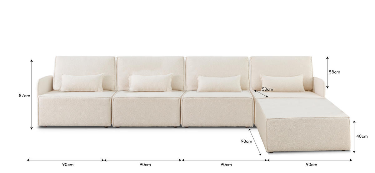 4-SITZER-SOFA Chaiselongue bezogen Bouclé und Kiefernholz Schneeweiß LEA - Weiß, Textil (368/87/90cm) - RNT By Really Nice Things