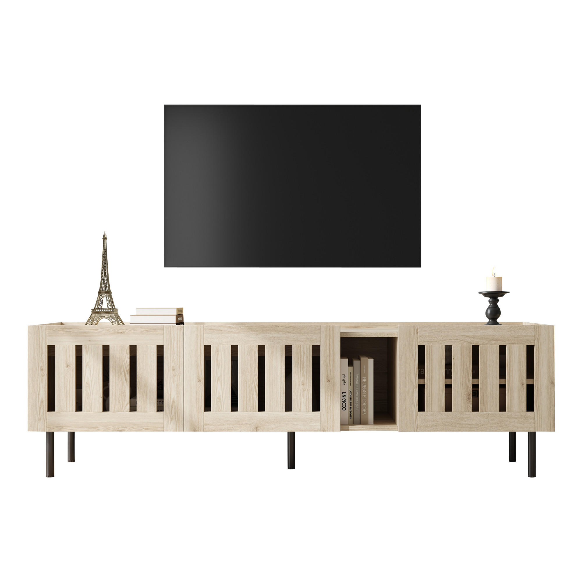 LOWBOARD in Naturfarben TV-Schrank mit durchbrochenem Design für 65-Zoll-Fernseher, B160/T40/H47cm - Walnussfarben/Schwarz, Glas/Holzwerkstoff (160/47/40cm) - STILVORA