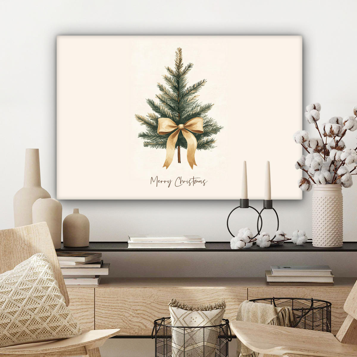 LEINWANDBILD Weihnachtsbaum - Weihnachten - Frohe Weihnachten - Beige Wanddeko 90x60 cm - Sandfarben, Textil (90/60cm) - MuchoWow