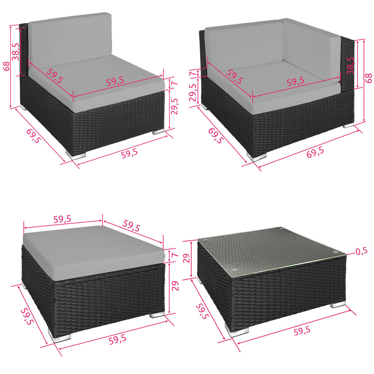RATTANLOUNGE Venedig,mit Sicherheitsglasplatte,schwarz/grau - Schwarz/Grau, Kunststoff - tectake