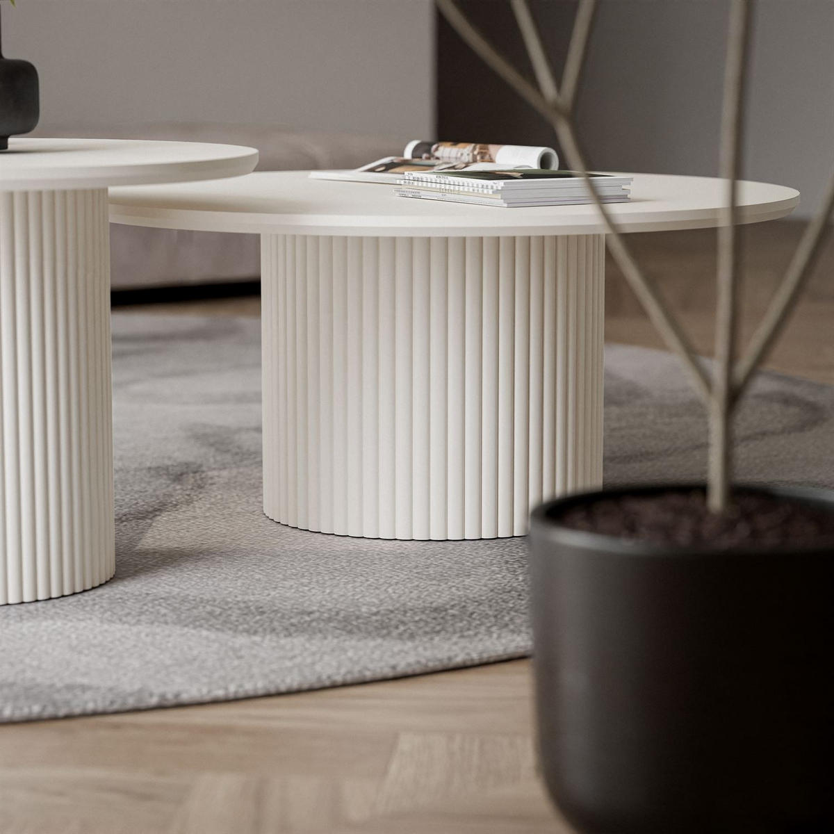 COUCHTISCH OVI 2in1 mit geriffeltem Fuß Ivory - Creme, Holzwerkstoff (60/60/42cm) - Lookway