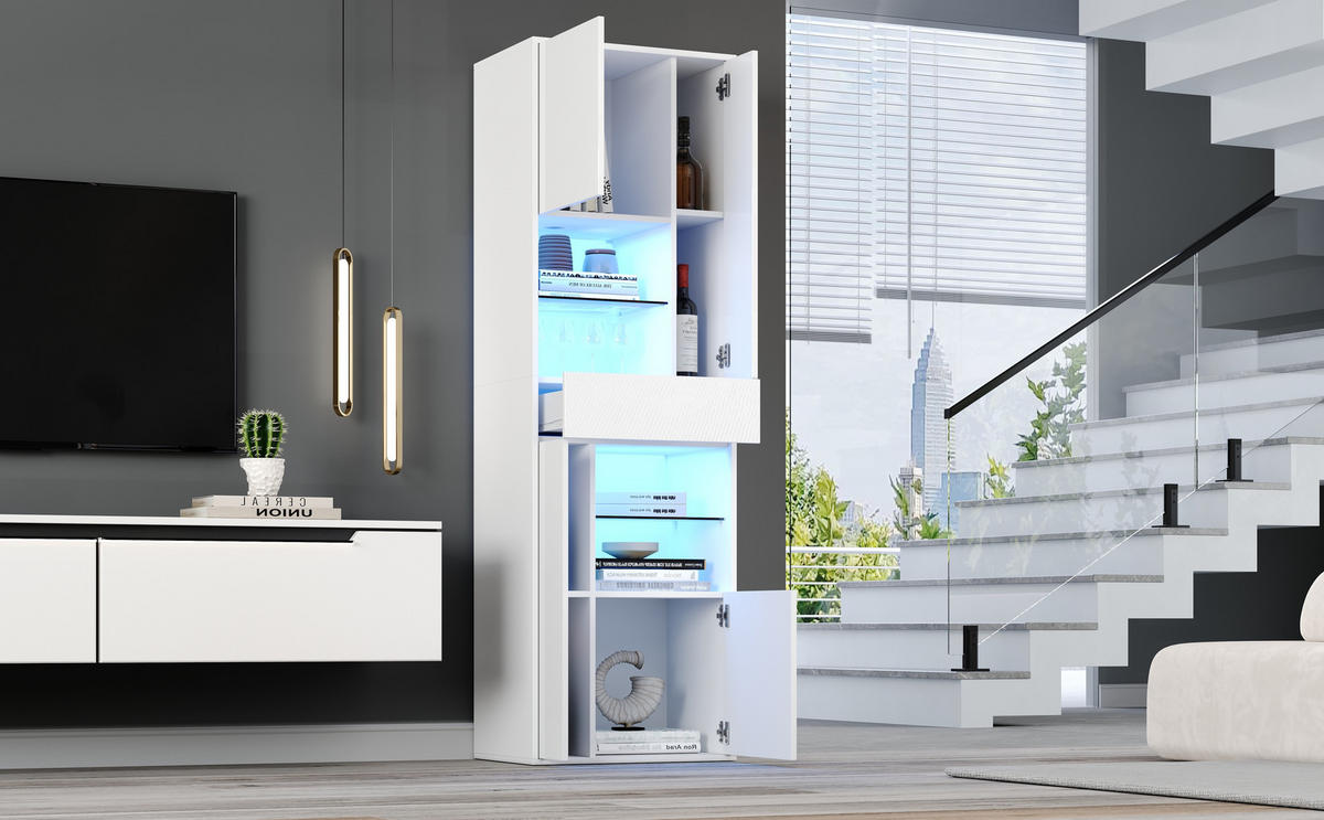 VITRINE 55/38/170 cm weiß aus Spanplatte mit LED-Hochglanzfront - Weiß, Holzwerkstoff (55/170/38cm) - OKWISH