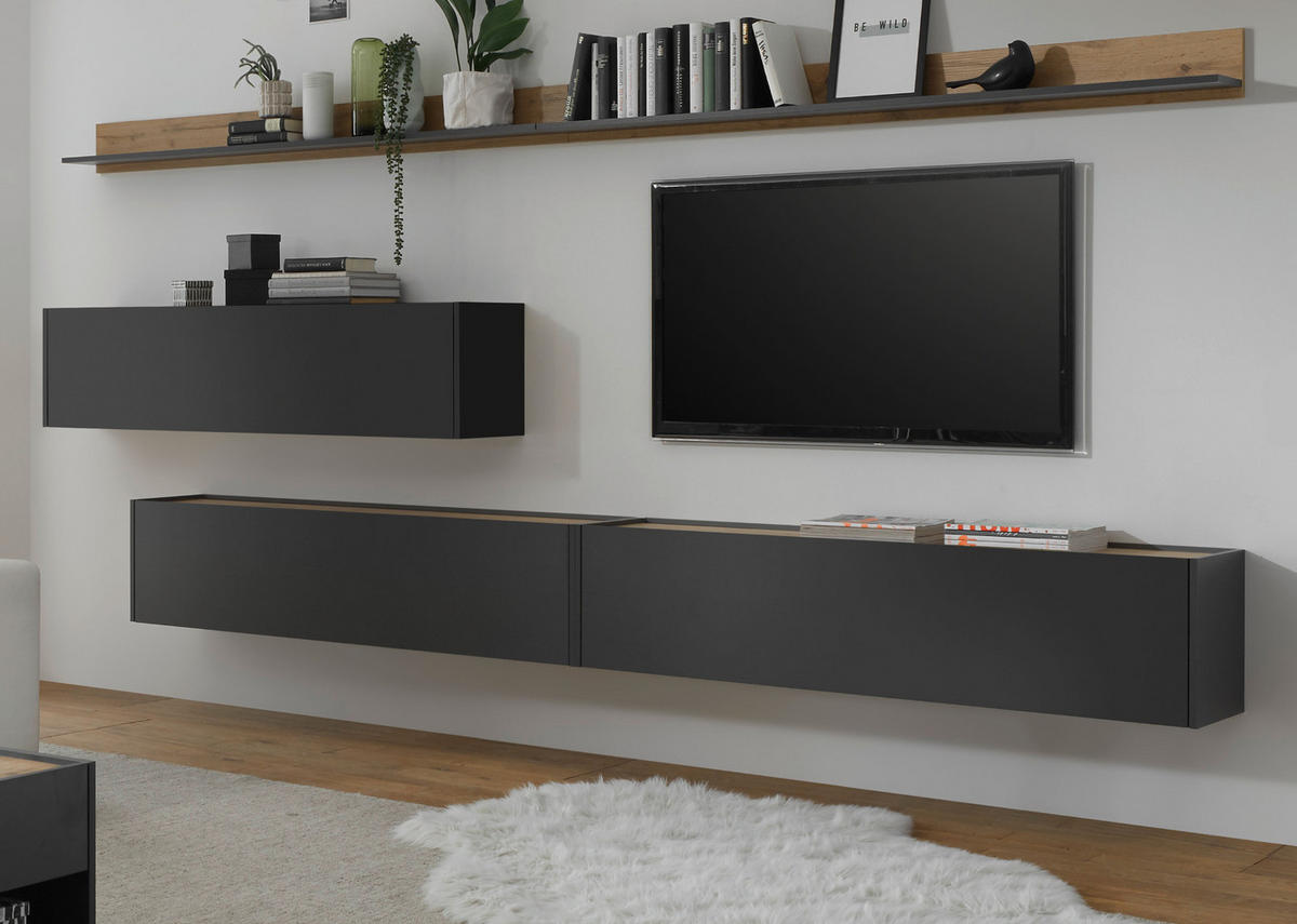 WOHNWAND 5-teilig grau matt, Eiche Wotan 340 cm, Schrankwand hängend - Eiche Wotan/Grau, Holz/Holzwerkstoff (340/180/30cm) - Furn.Design