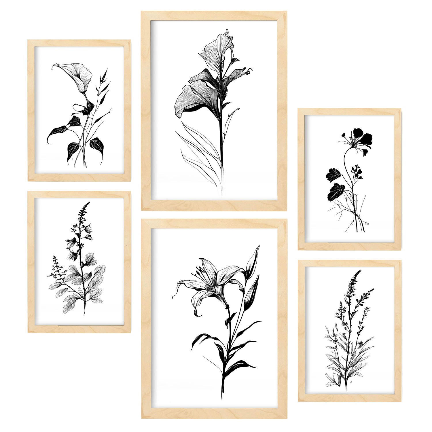 POSTER Set Mit 6 Ansteckblumen Natur Und Botanikdrucke Mit Blumenmotiven In Klassischem Schwarz Und Weiß A3 & A4 Rahmen Aus Hellem Holz - Beige, Papier (29/3cm) - Nacnic