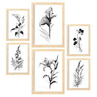 POSTER Set Mit 6 Ansteckblumen Natur Und Botanikdrucke Mit Blumenmotiven In Klassischem Schwarz Und Weiß A3 & A4 Rahmen Aus Hellem Holz - Beige, Papier (29/3cm) - Nacnic