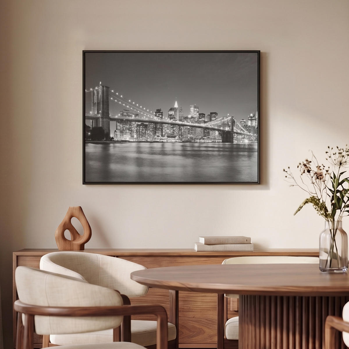 LEINWAND Bilder mit Rahmen - New York - Brücke - Brooklyn - Schwarz und weiß - Architektur - 80x60 - Schwarz, Textil (80/60cm) - MuchoWow