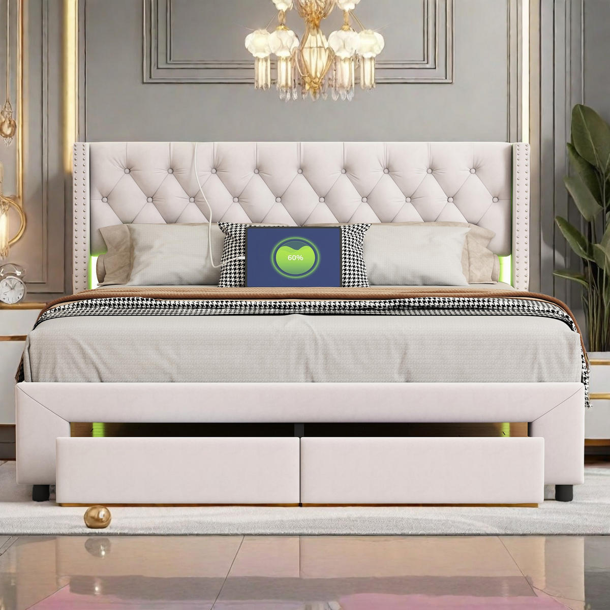 POLSTERBETT 140x190 cm Beige Samt LED USB Schublade - Beige, Holz (140/190cm) - SHOPENTRA