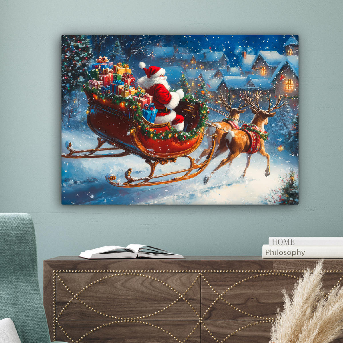 LEINWANDBILD Weihnachtsmann - Rentier - Weihnachten - Schnee Wandbilder 80x60 cm - Cognac, Textil (80/60cm) - MuchoWow