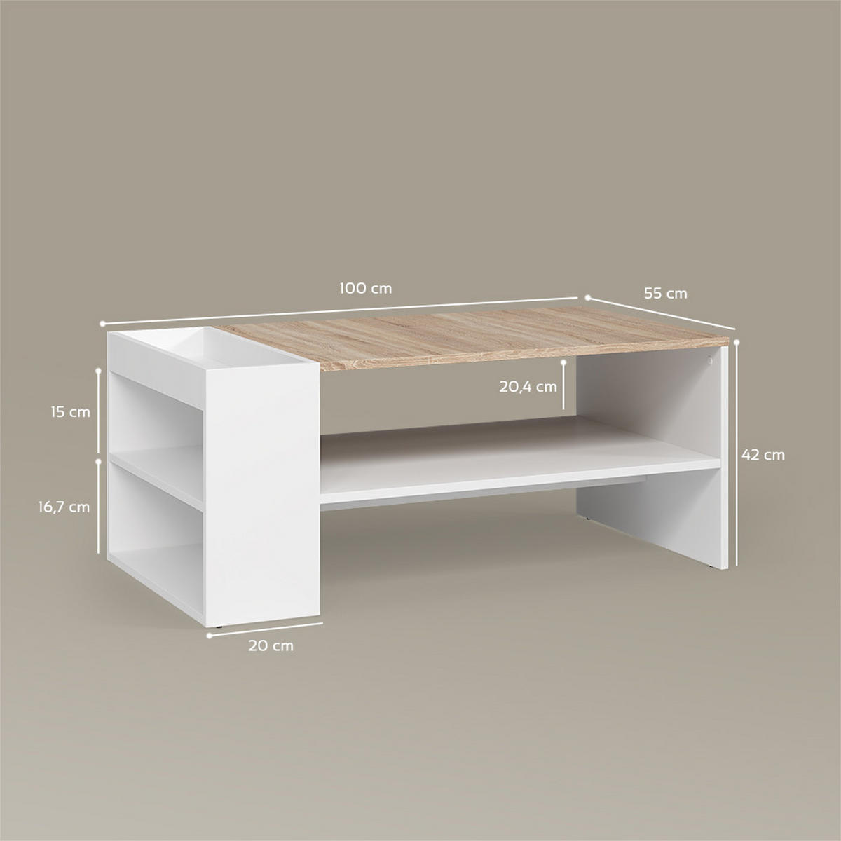 COUCHTISCH Piave Weiß/Sonoma mit Regalen - Weiß/Sonoma Eiche, Holzwerkstoff (55/100/42cm) - Livinity®