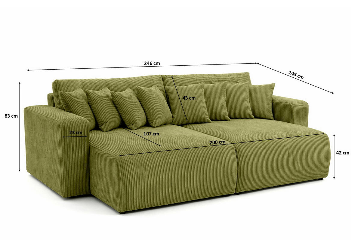 SCHLAFSOFA, Cordstoff Poso, Olive, PIANO DOUBLE - Olivgrün, Holz (246/83/145cm) - Kaiser Möbel