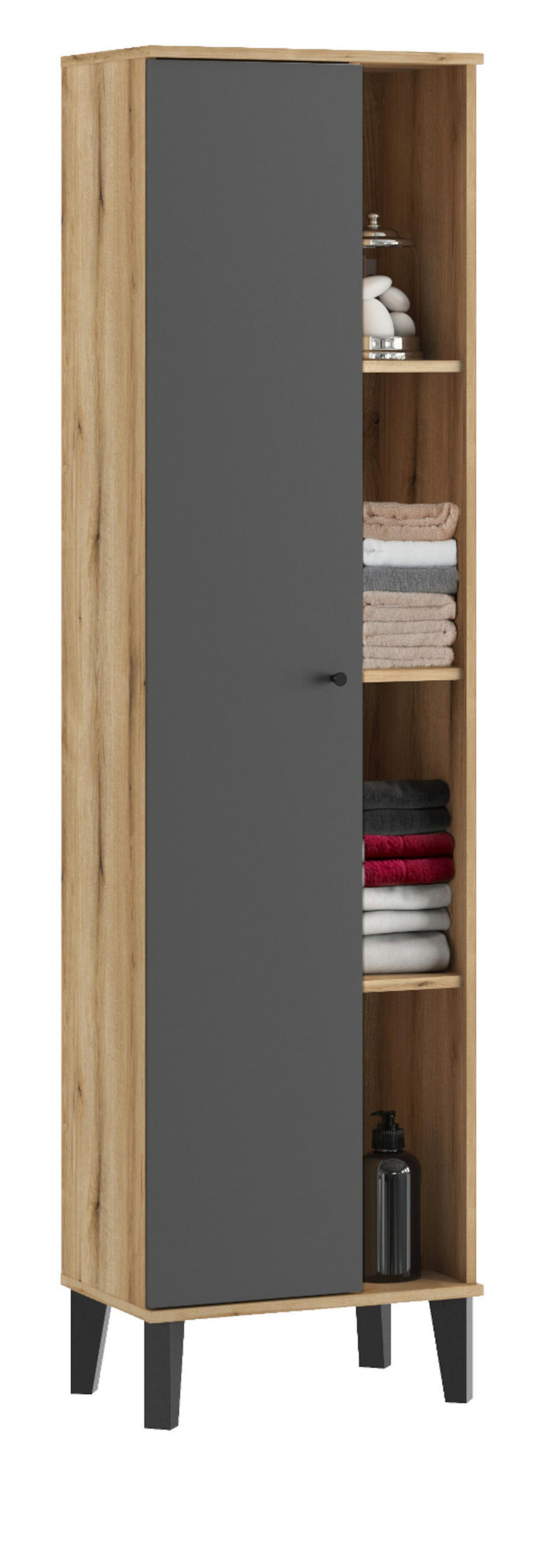 BAD-HOCHSCHRANK grau, Evoke Eiche, Badschrank, 51 x 190 cm - Eichefarben/Schwarz, Holz/Holzwerkstoff (51/190/33cm) - Furn.Design