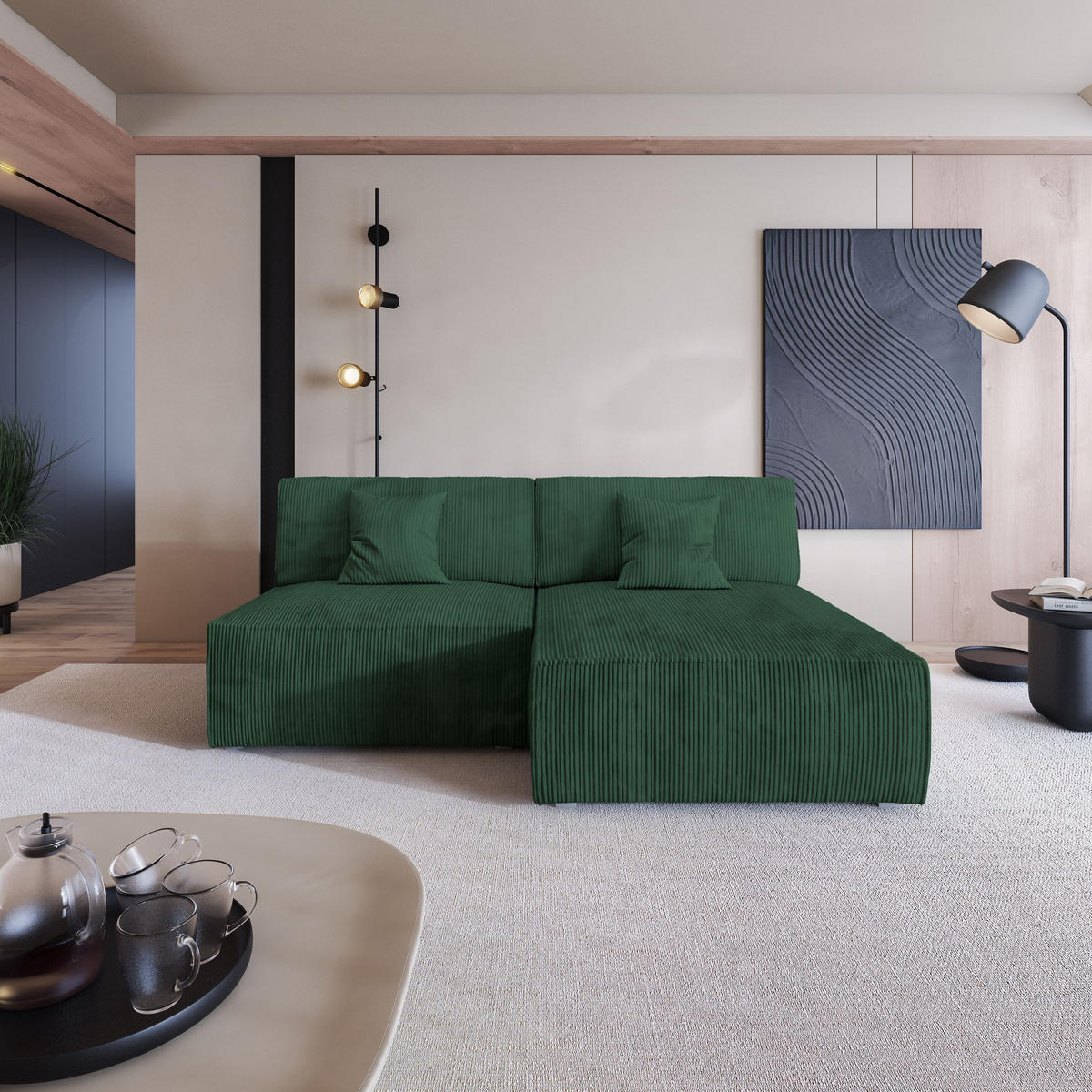 ROHOVÁ SEDAČKA FIORO tmavě zelená - šedá/tmavě zelená, dřevo/textil (204/148cm) - MASSENO