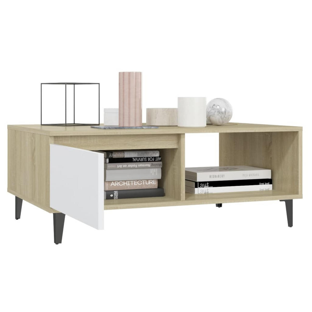COUCHTISCH Weiß und Sonoma-Eiche 90x60x35 cm Holzwerkstoff - Weiß/Sonoma Eiche, Holzwerkstoff (60/90/35cm) - furnicato