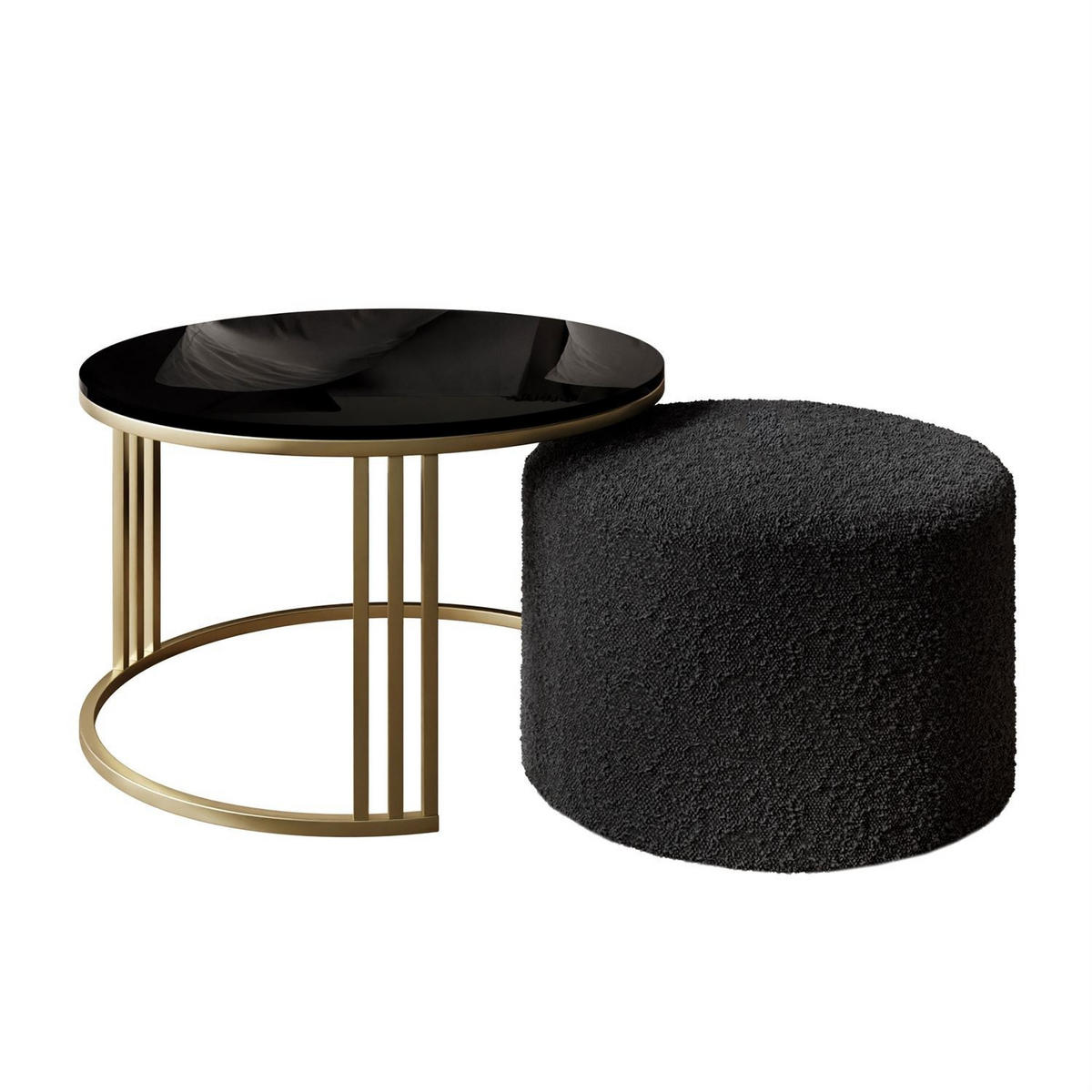 COUCHTISCH mit Hocker LORI Hochglanz gebürstetes Gold/Schwarz glänzend/Coral 60 - Schwarz, Metall (70/70/49cm) - Lookway