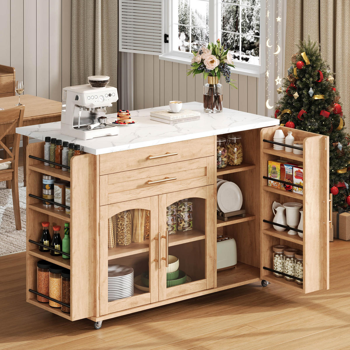 MOBILNI kuhinjski otok 138/70/90 cm prirodna od MDF-a sa sklopivom radnom pločom i kotačima - prirodne boje, drvni materijal (138/90/70cm) - OKWISH