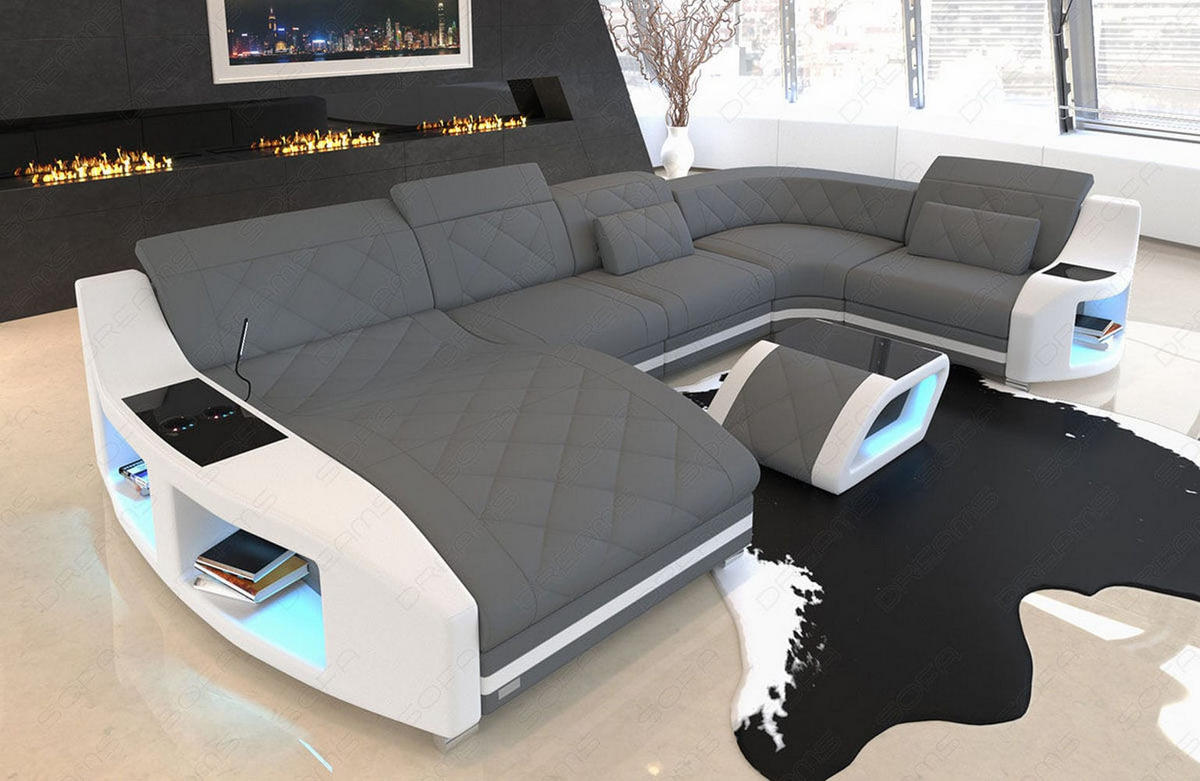 WOHNLANDSCHAFT Stoff Sofa Swing U Form Grau Weiß Mikrofaserstoff - Grau, Kunststoff (404/90/220cm)