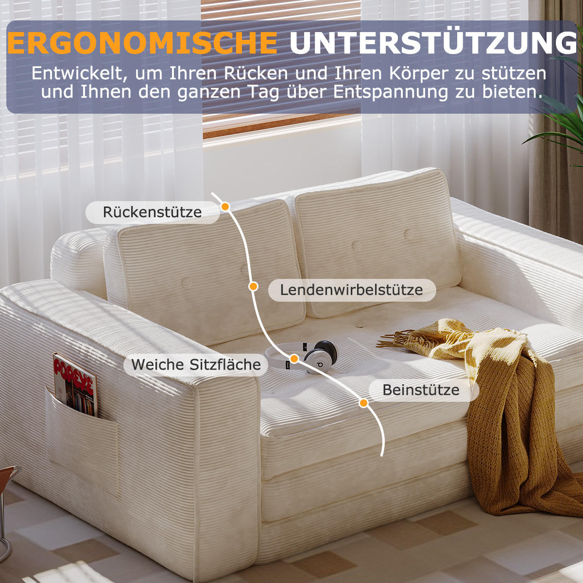SOFA 2-Sitzer, 143 CM, mit 2 Kissen und Armlehnen,für Wohnzimmer, Schlafzimmer,aus Cord,Beige - Beige, Textil (92/42/143cm)