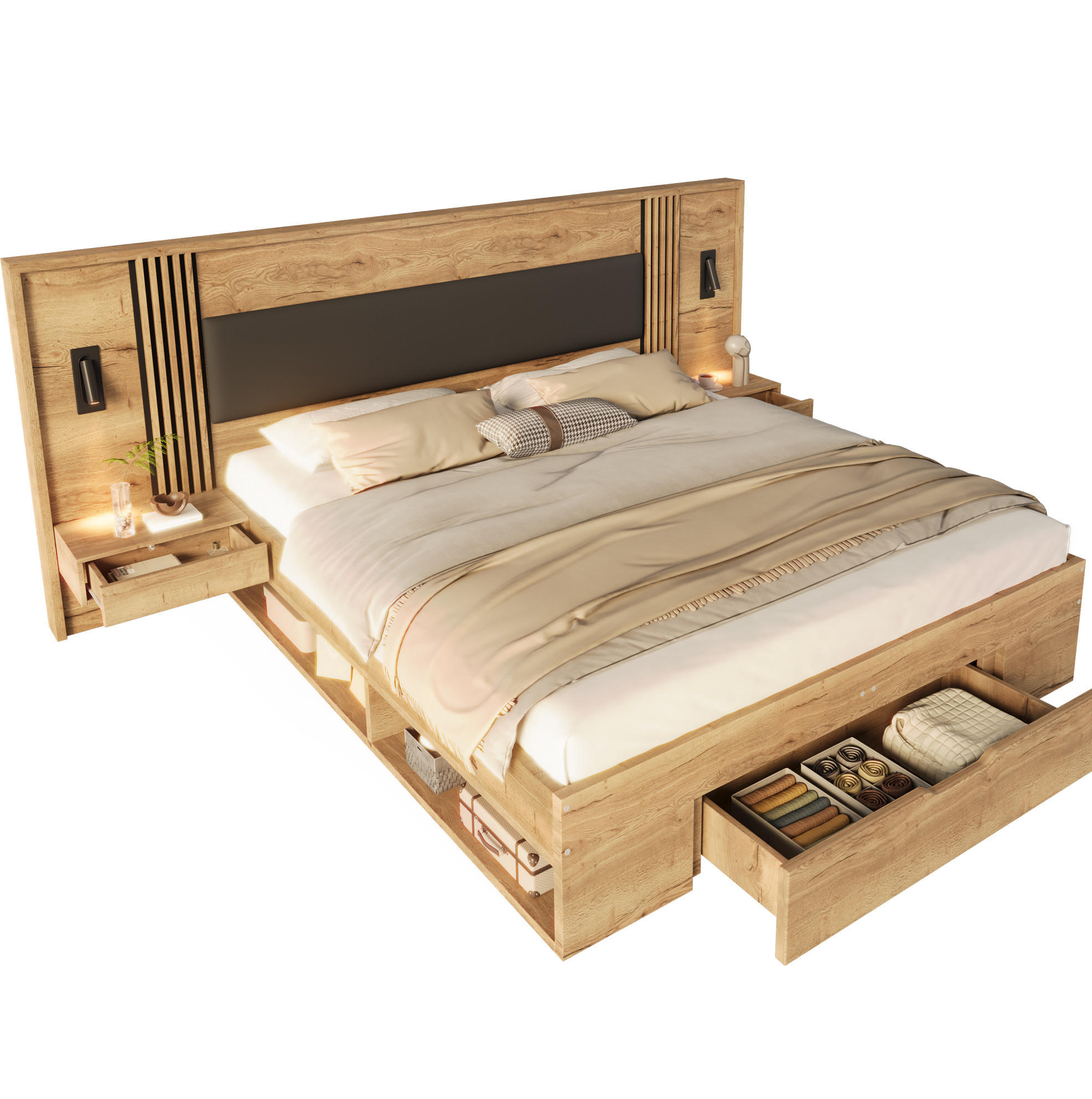 DOPPELBETT 180/200 cm mit Stauraum, 2 Nachttischen und drehbaren Leselampen, MDF, Natur - Naturfarben, Holzwerkstoff (180/200cm) - Redom