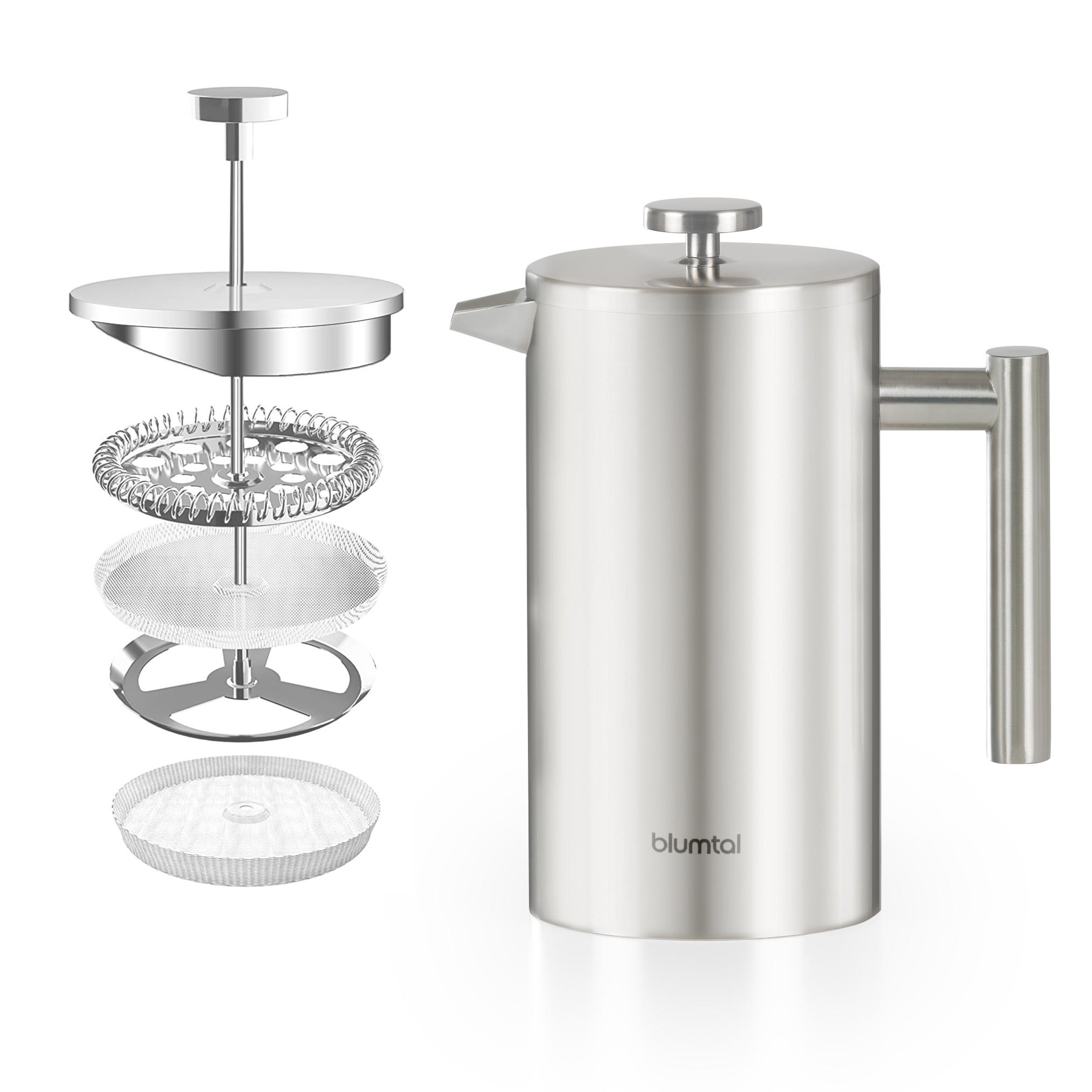 KAFFEEBEREITER French Press Edelstahl - doppelwandig isoliert mit Messskala inkl. Ersatzfilter & Anleitung, Spülmaschinengeeignet - Edelstahlfarben, Metall (14/13/21cm) - Blumtal