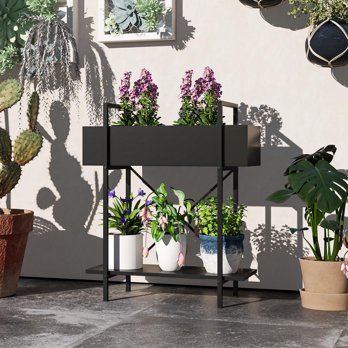 BLUMENSTÄNDER 60/25/70 cm aus Metall mit 2 Ebenen, Ablauflöchern und X-Rückenstruktur, Schwarz - Schwarz, Metall (25/70/60cm) - Redom
