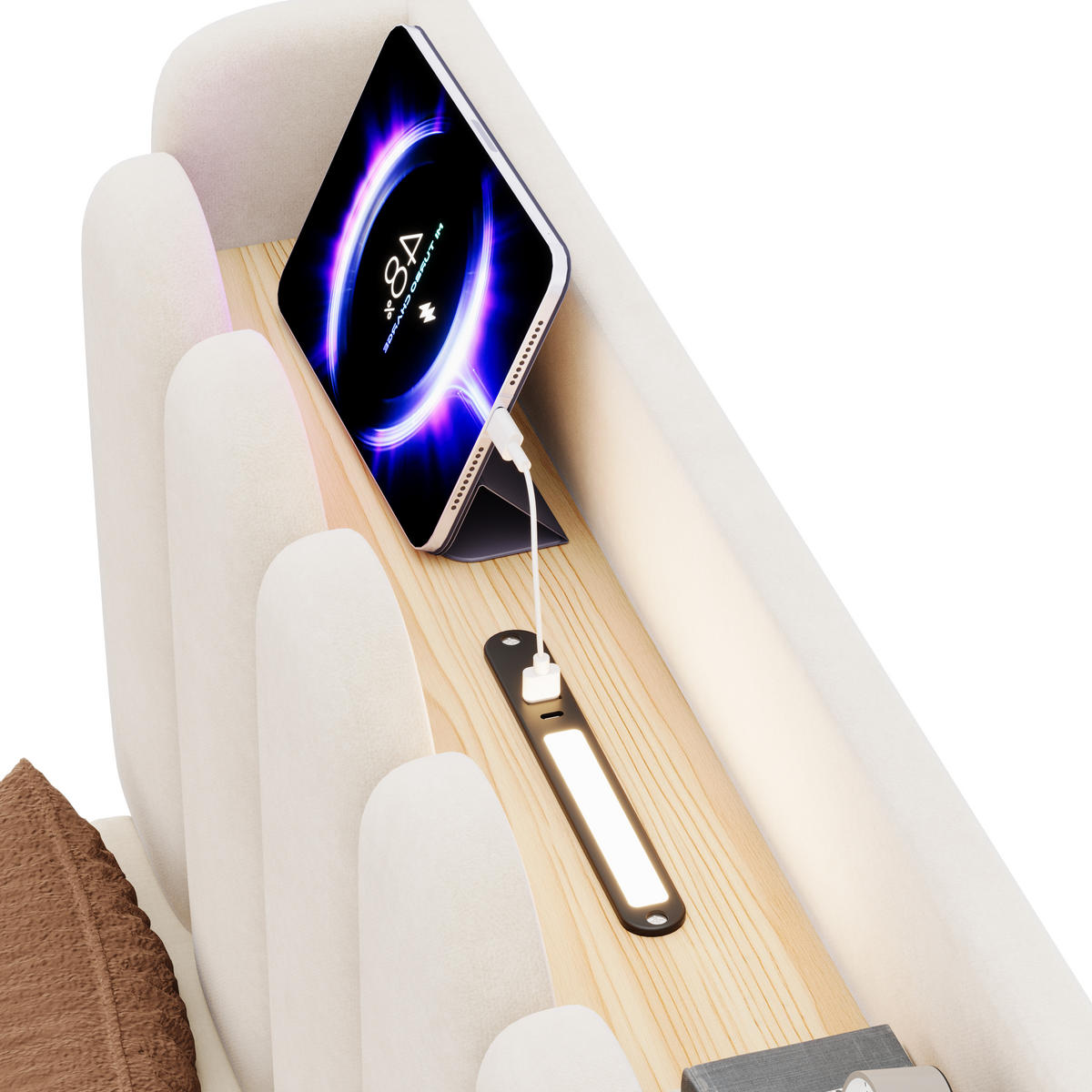 POLSTERBETT 90/200 cm in Beige mit Bettkasten, USB, Type-C und Leselampe aus Samt im Kopfteil - Beige, Holzwerkstoff/Textil (90/200cm) - STILVORA