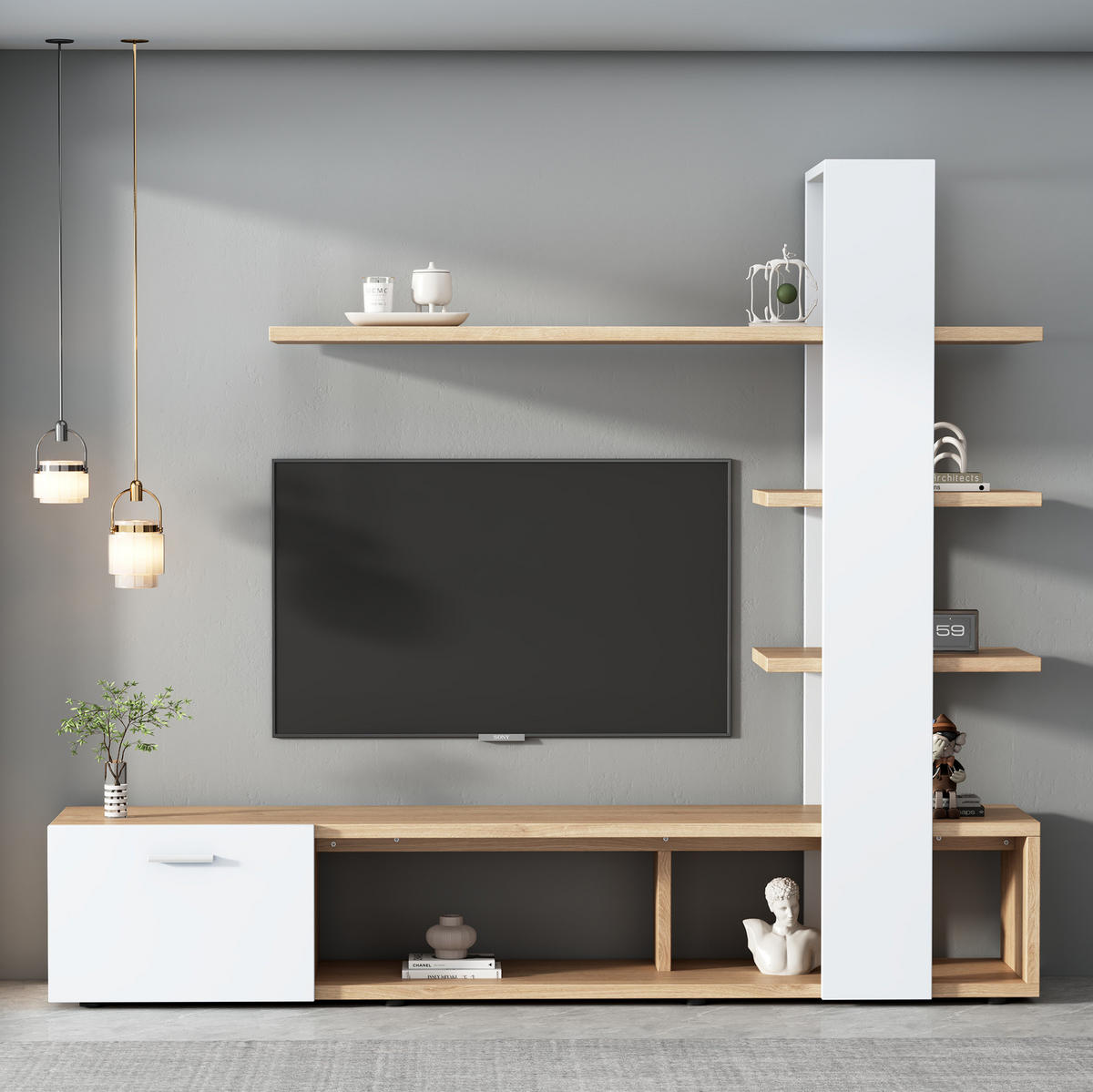 TV-WOHNWAND aus Spanplatte 180x33,5x151,5 cm Weiß/Holzfarben mit Stauraum für Fernseher bis 60 Zoll - Weiß, Holzwerkstoff (180/151.5/33.5cm) - IVMEU