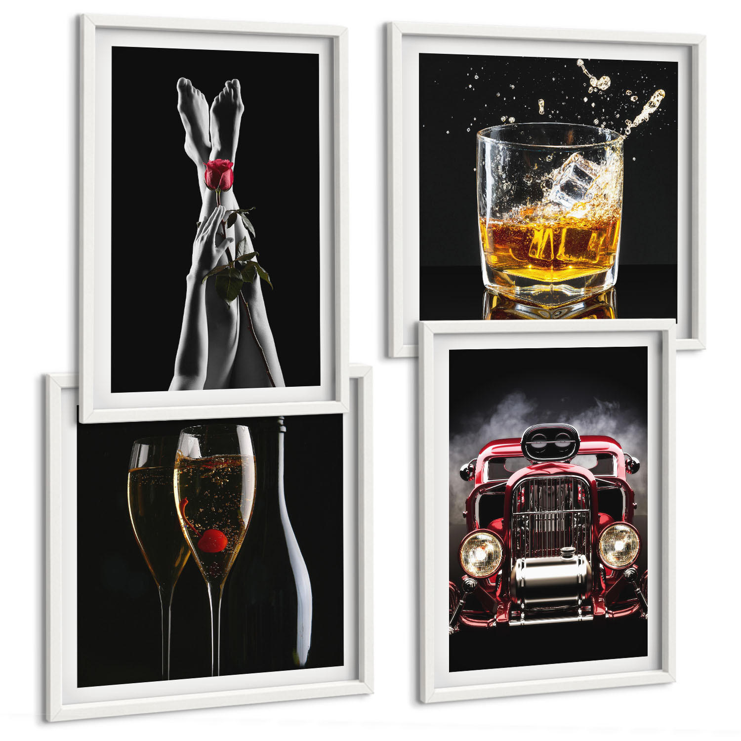 BILDER SET 4er Set - 50x50 cm & 40x60 cm Weißer Rahmen - Frauenbeine Rosenwagen Wein - Weiß, Kunststoff (50/50cm) - TULUP