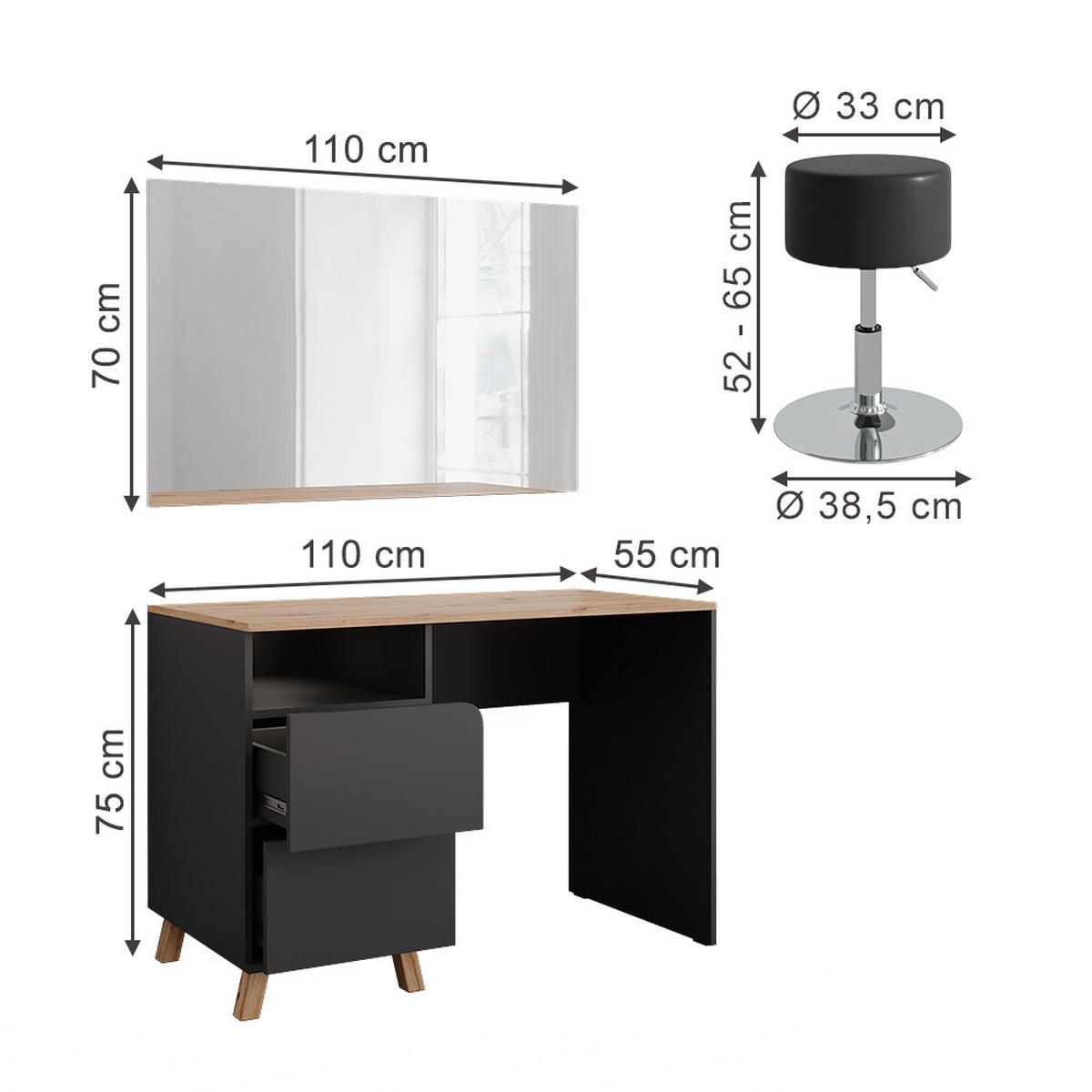 SCHMINKTISCH Karen Anthrazit/Artisan 110 cm mit Hocker - Anthrazit/Eiche Artisan, Holzwerkstoff (110/75/55cm) - Vicco