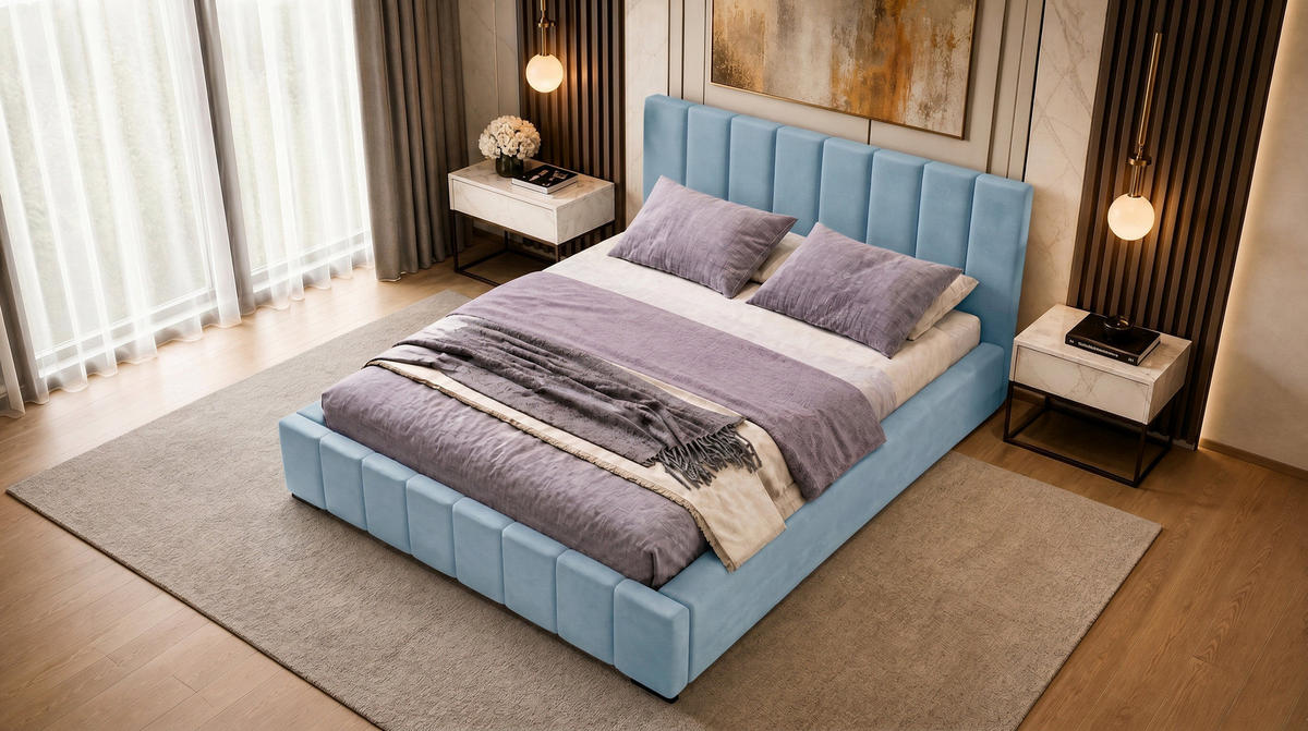 POLSTERBETT Nero 140x200 cm, Doppelbett mit Bettkasten und Lattenrost aus Holz, Velourstoff: Hellblau - Hellblau, Holz/Kunststoff (140/200cm) - Marpur