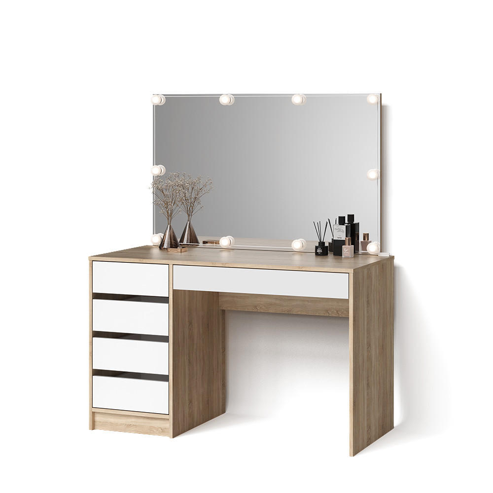 SCHMINKTISCH Imola Weiß/Sonoma 120 cm mit LED Beleuchtung - Weiß/Sonoma Eiche, Holzwerkstoff (120/75/55cm) - Livinity®