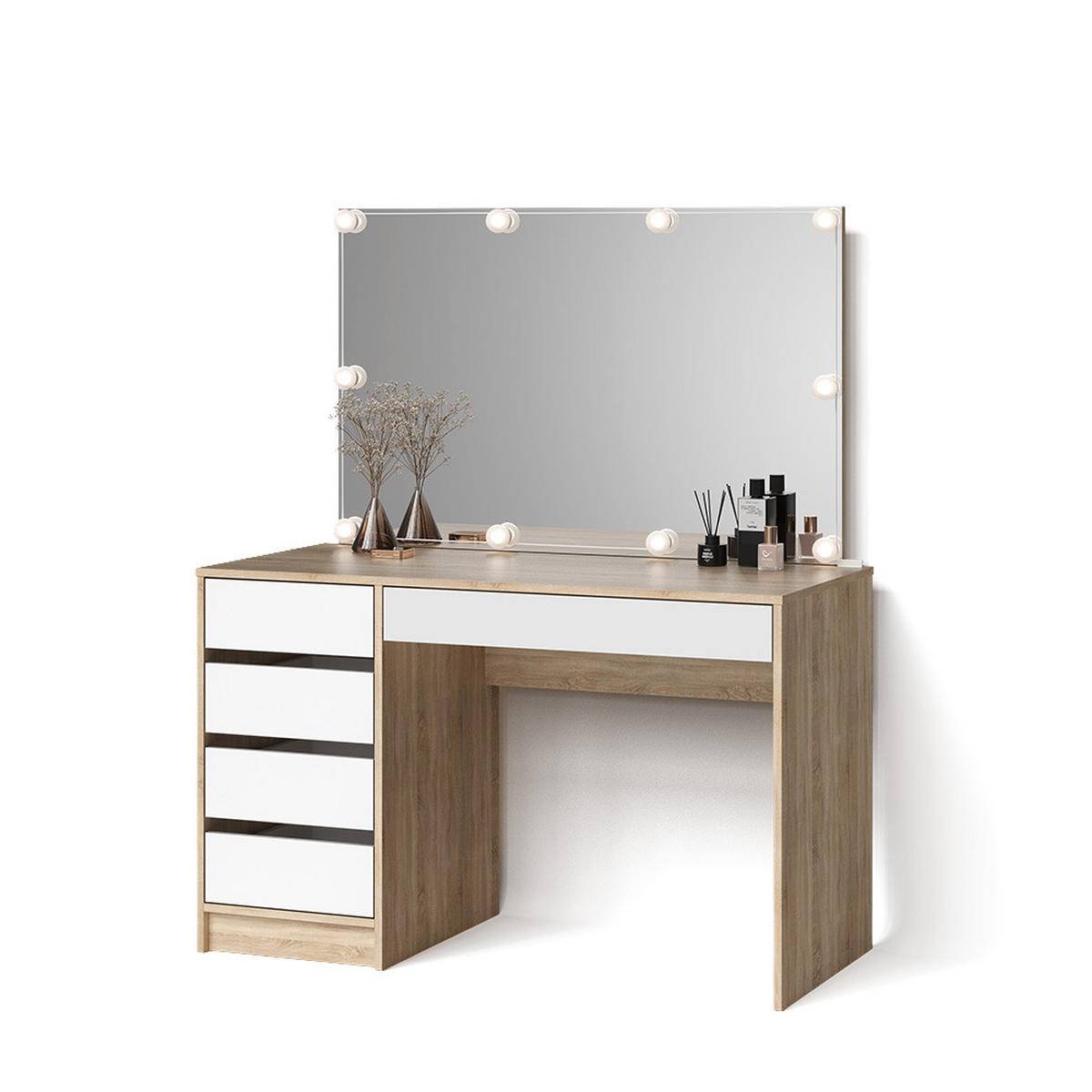 SCHMINKTISCH Imola Weiß/Sonoma 120 cm mit LED Beleuchtung - Weiß/Sonoma Eiche, Holzwerkstoff (120/75/55cm) - Livinity®