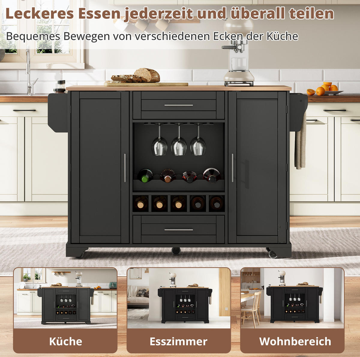 KÜCHENINSEL 138/45-70/92 cm aus MDF mit klappbarer Arbeitsplatte und Rollen Schwarz/Natur - Schwarz, Holzwerkstoff (138/92/70cm) - Modenvie