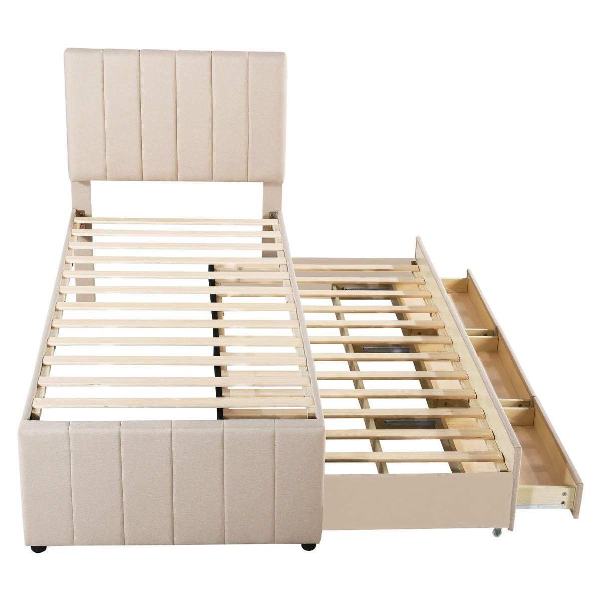 POLSTERBETT 90/200 cm Beige mit Ausziehbett und 3 Schubladen höhenverstellbares Kopfteil - Beige, Textil (90/200cm) - OKWISH