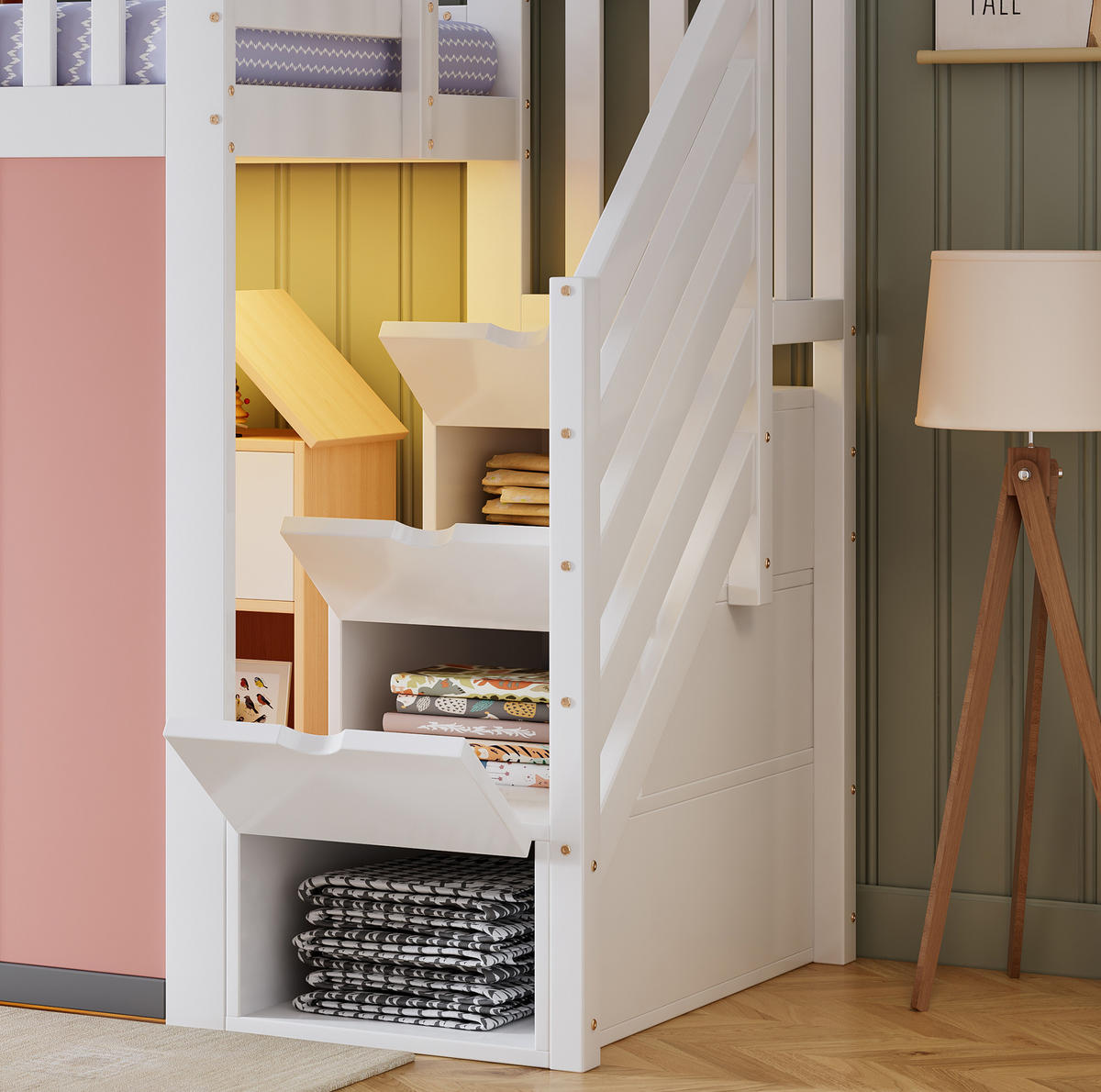 HALBHOCHBETT 90x200 cm in Weiß und Pink mit Stauraumtreppe und LED-Beleuchtung - Weiß, Holz (90/200cm) - IVMEU