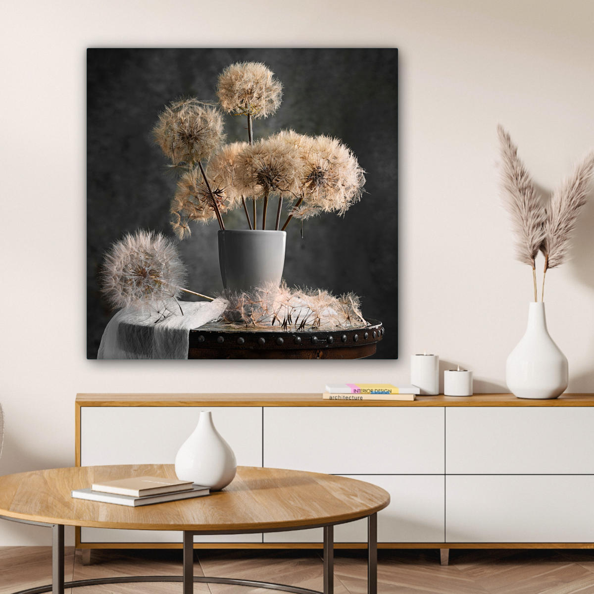 LEINWANDBILD Blumensamen - Löwenzahn - Vase - Stilleben - Blumenstrauß Deko Groß 90x90 cm - Dunkelgrau, Textil (90/90cm) - MuchoWow