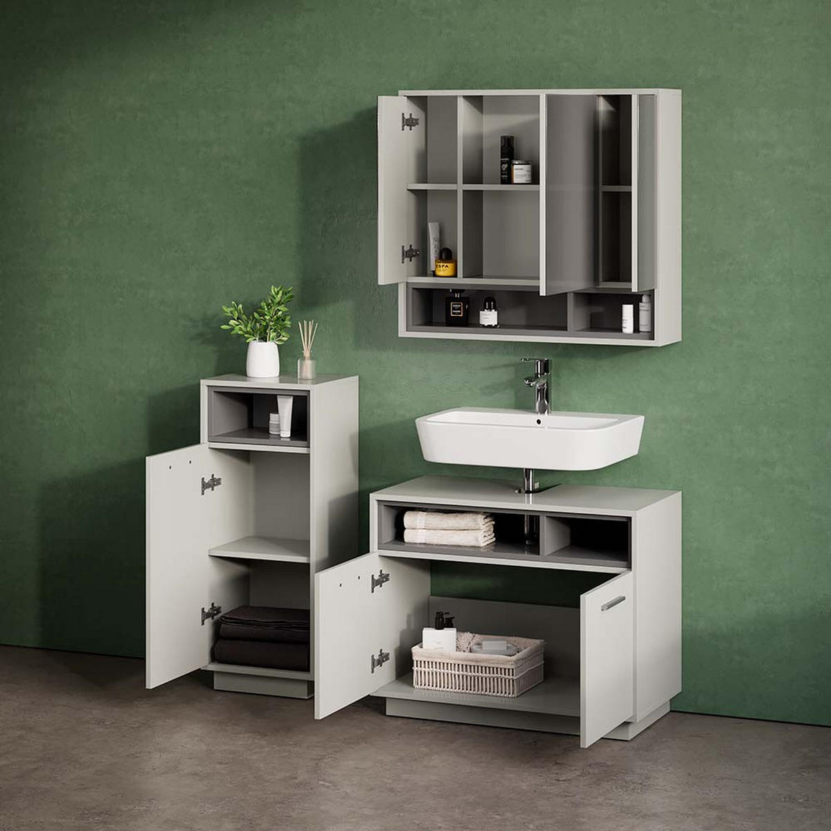 BADMÖBEL-SET Temo Grau 3 Teile - Anthrazit/Grau, Holzwerkstoff (80/64/40cm) - Livinity®