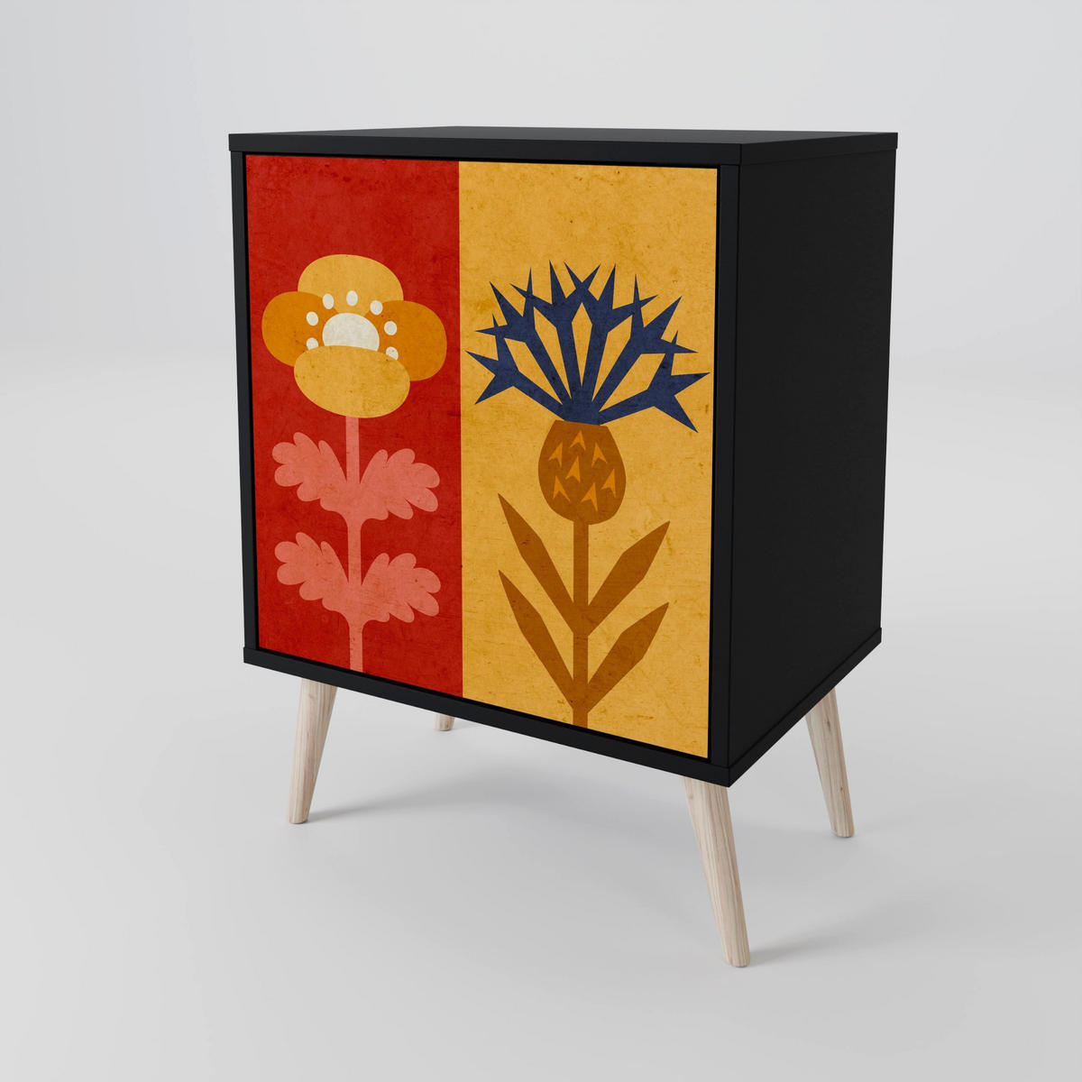 SIDEBOARD SCANDIC FLOWERET, Schwarz, 57,5x42x75,5 cm, Goldfarbene Metallfüße - Goldfarben/Multicolor, Holzwerkstoff/Metall (57.5/75.5/42cm) - SpaceRebels